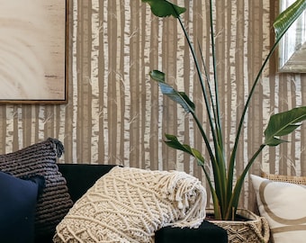 Beige Birch Trees Wallpaper: Biophilic Pattern (Non-Pasted, Pre-Pasted, Peel and Stick, Custom Sizes)