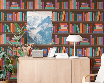 Brown Colorful Books Wallpaper: Whimsical Schoolhouse Pattern (Non-Pasted, Pre-Pasted, Peel and Stick, Custom Sizes)