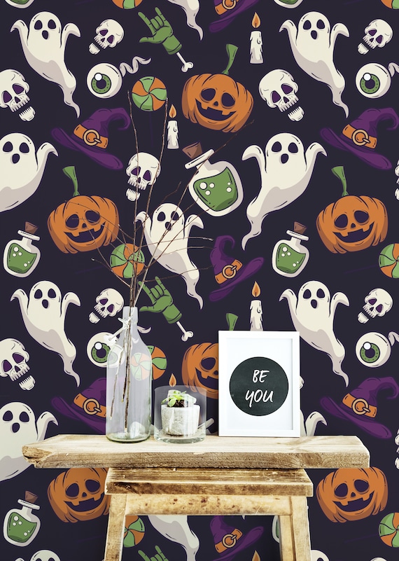 Bold Halloween wallpaper - Peel and Stick Wallpaper or Non Pasted Wallpaper / Fun Removable wallpaper / Purple self-adhesive wallpaper