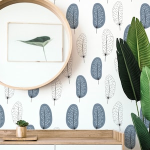 Boho Peel and Stick wallpaper / Feather Removable wallpaper / Blue and white Scandi wallpaper - Self-adhesive or Traditional