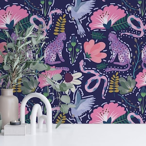 Purple animal peel and stick wallpaper / Animal removable wallpaper / Purple wallpaper - Self-adhesive or Traditional
