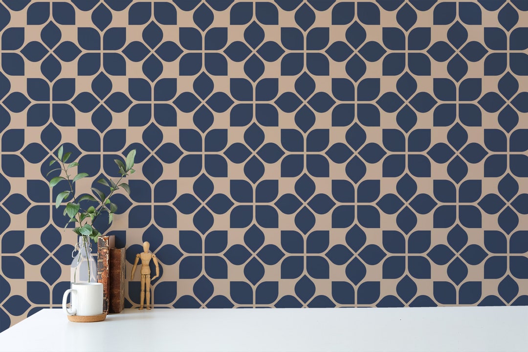 Blue Geometric Peel and Stick Wallpaper / Floral Removable Wallpaper ...