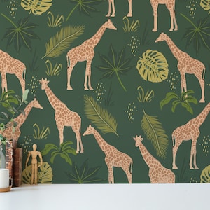 Grüne Giraffe Peel and Stick Tapete / Tropische abnehmbare Tapete / Giraffentapete - Selbstklebend oder Traditionell / Lustiges Kinderzimmer Wandbild
