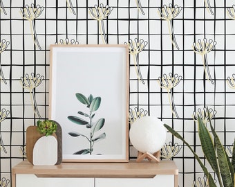 Floral Grid Peel and Stick wallpaper / Abstract Removable wallpaper / Black and white wallpaper - Self-adhesive or Traditional