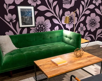 Purple Skull Wallpaper Mural: Gothic Botanical Halloween (Non-Pasted, Pre-Pasted, Peel & Stick, Custom Sizes)