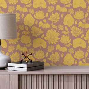 Yellow and brown Retro Floral Peel and Stick wallpaper / Mid-Century Removable wallpaper / Floral wallpaper - Self-adhesive or Traditional