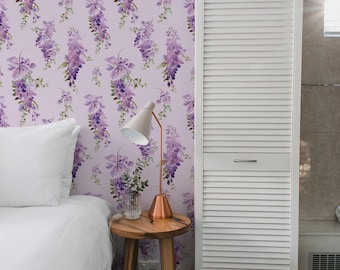 Purple Wisteria Wallpaper: Spring Design (Non-Pasted, Pre-Pasted, Peel and Stick, Custom Sizes)