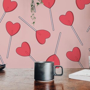 Lollipop Peel and Stick wallpaper / Heart Removable wallpaper / Red and pink wallpaper - Self-adhesive or Traditional