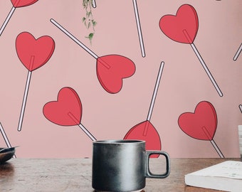 Lollipop Peel and Stick wallpaper / Heart Removable wallpaper / Red and pink wallpaper - Self-adhesive or Traditional