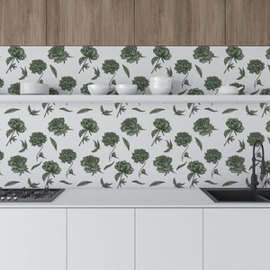 Green floral peel and stick wallpaper / Kitchen removable wallpaper / Green wallpaper - Self-adhesive or Traditional
