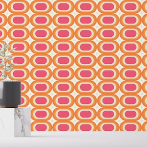 Pink and orange 60's Peel and Stick wallpaper / Retro Removable wallpaper /  Self-adhesive or Traditional