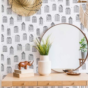 Houses Peel and Stick wallpaper / Buildings Removable wallpaper / Black and white City wallpaper - Self-adhesive or Traditional