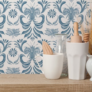 Blue Vintage Floral Peel and Stick wallpaper / Vintage Removable wallpaper / Floral wallpaper - Self-adhesive or Traditional