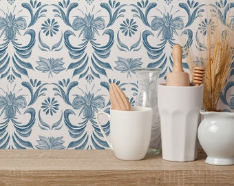 Blue Vintage Floral Peel and Stick wallpaper / Vintage Removable wallpaper / Floral wallpaper - Self-adhesive or Traditional