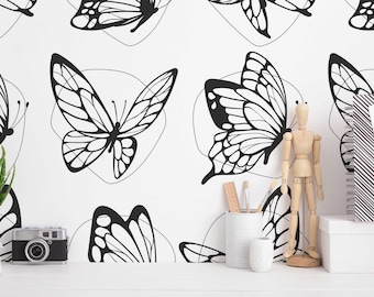 Black And White Butterflies wallpaper - Peel and Stick Wallpaper or Non Pasted Wallpaper / Butterfly Removable wallpaper / Black wallpaper