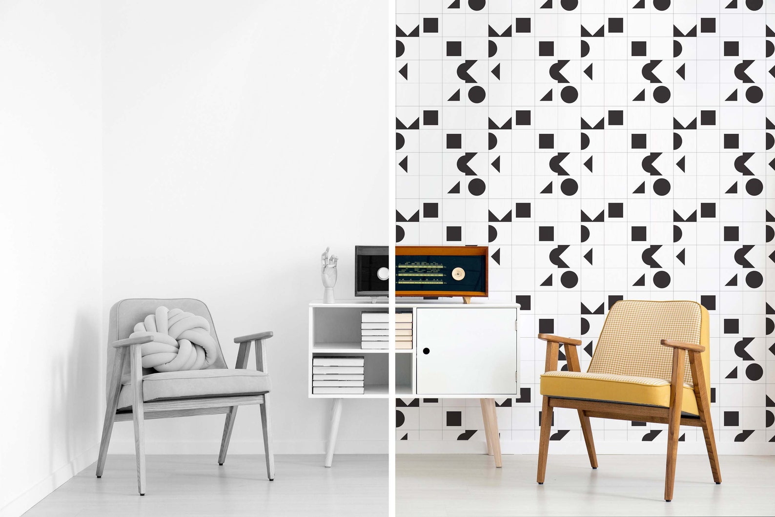 Black and White Geometric Peel and Stick Wallpaper / Tile Peel Etsy