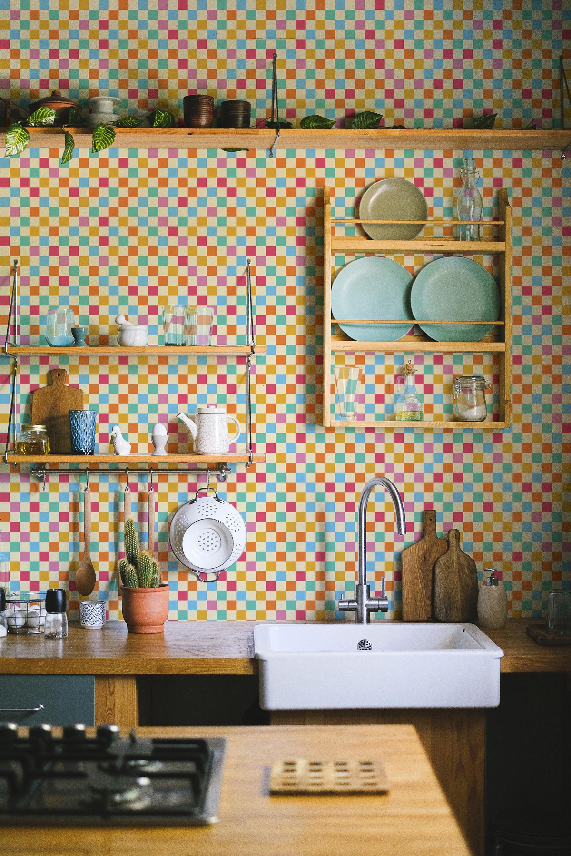 Groovy Retro Checker Kitchen Cabinet Wallpaper - Peel & Stick Wallpaper for Kitchen Cabinets - Vinyl or Textile