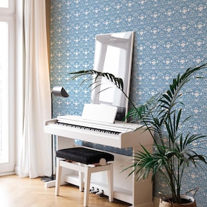 Steel Blue Art Deco Wallpaper | Damask Floral Non-Pasted Wallpaper | Custom Size and Colors