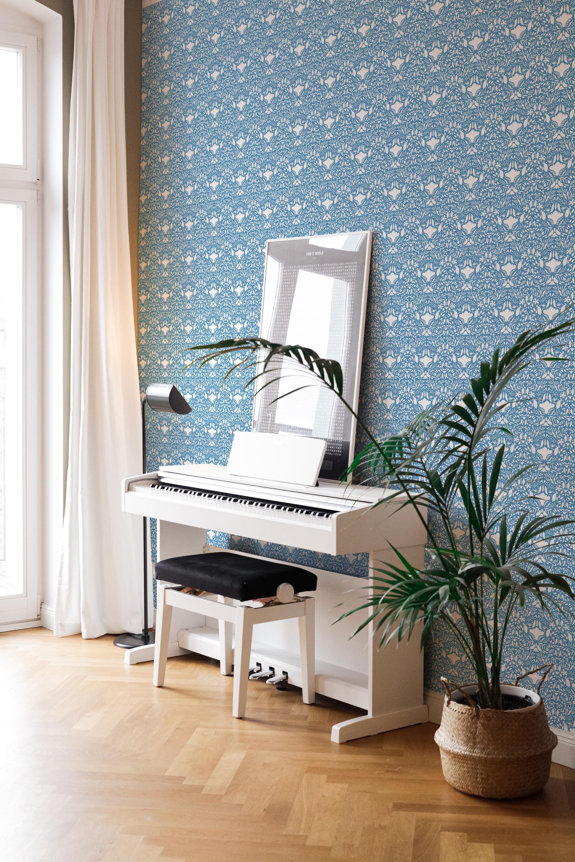 Steel Blue Art Deco Wallpaper | Damask Floral Non-Pasted Wallpaper | Custom Size and Colors