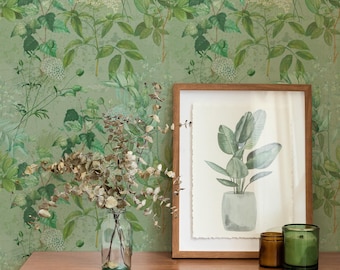 Sage Green Botanical Wallpaper: Biophilic Garden Design (Non-Pasted, Pre-Pasted, Peel and Stick, Custom Sizes)