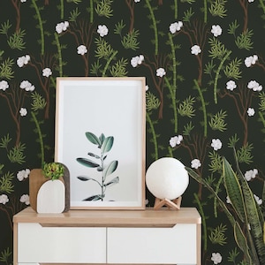 Dark Botanical Peel and Stick wallpaper / Floral Removable wallpaper / Green wallpaper - Self-adhesive or Traditional