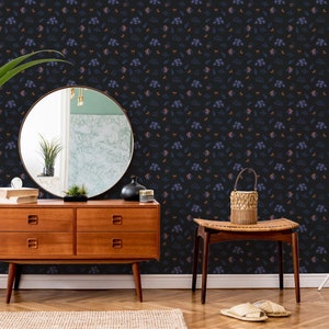 Floral Peel and Stick wallpaper / Wildflower Removable wallpaper / Navy blue wallpaper - Self-adhesive or Traditional