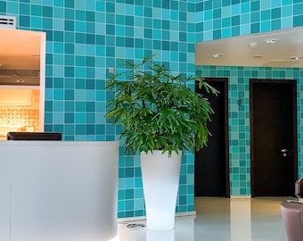 Teal Grid Tile Wallpaper: Modern Mosaic Pattern (Non-Pasted, Pre-Pasted, Peel and Stick, Custom Sizes)