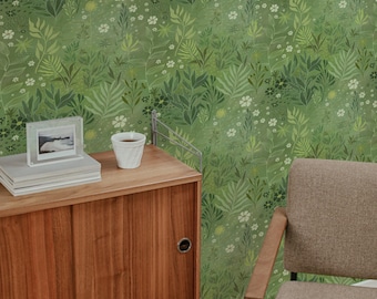 Green Wildflower Wallpaper: Biophilic Meadow Design (Non-Pasted, Pre-Pasted, Peel and Stick, Custom Sizes)
