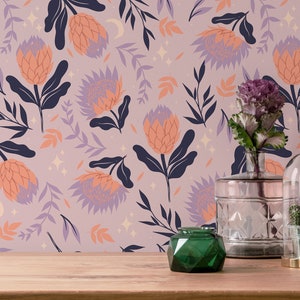 Bold pink and orange Floral Removable wallpaper / Scandinavian Peel and Stick wallpaper / Floral wallpaper - Self-adhesive or Traditional