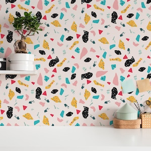 Colorful yellow and pink Terrazzo wallpaper / Mosaic Removable wallpaper / Terrazzo Peel and Stick wallpaper - Self-adhesive or Traditional
