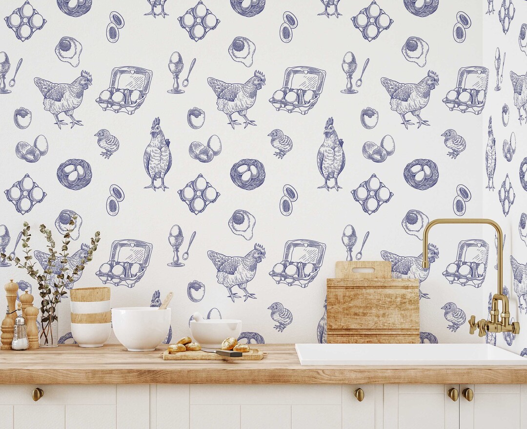Navy Blue Chicken Peel and Stick Wallpaper / Farmhouse Removable