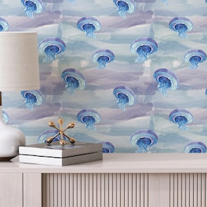 Blue Jellyfish Peel and Stick wallpaper / Nautical Removable wallpaper / Blue wallpaper-Self-adhesive or Traditional