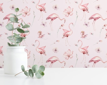 Flamingo Peel and Stick wallpaper / Pink Removable wallpaper / Flowers wallpaper - Self-adhesive or Traditional
