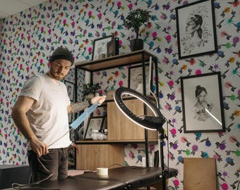 Colorful Tattoo Machine Wallpaper: Novelty Ink Splash Pattern (Non-Pasted, Pre-Pasted, Peel and Stick, Custom Sizes)