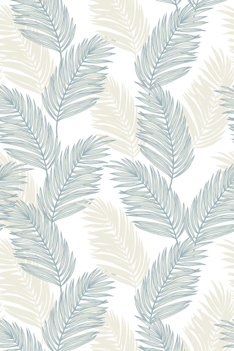 Blue and White Palm Leaf Peel and Stick Wallpaper / Coastal Removable ...