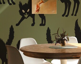 Olive Cats Wallpaper Mural: Whimsical Gothic Halloween (Non-Pasted, Pre-Pasted, Peel & Stick, Custom Sizes)