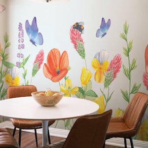 Watercolor Meadow wallpaper / Spring Garden wall mural / Wildflower and Butterfly mural print – Removable Peel and Stick or Non-Pasted