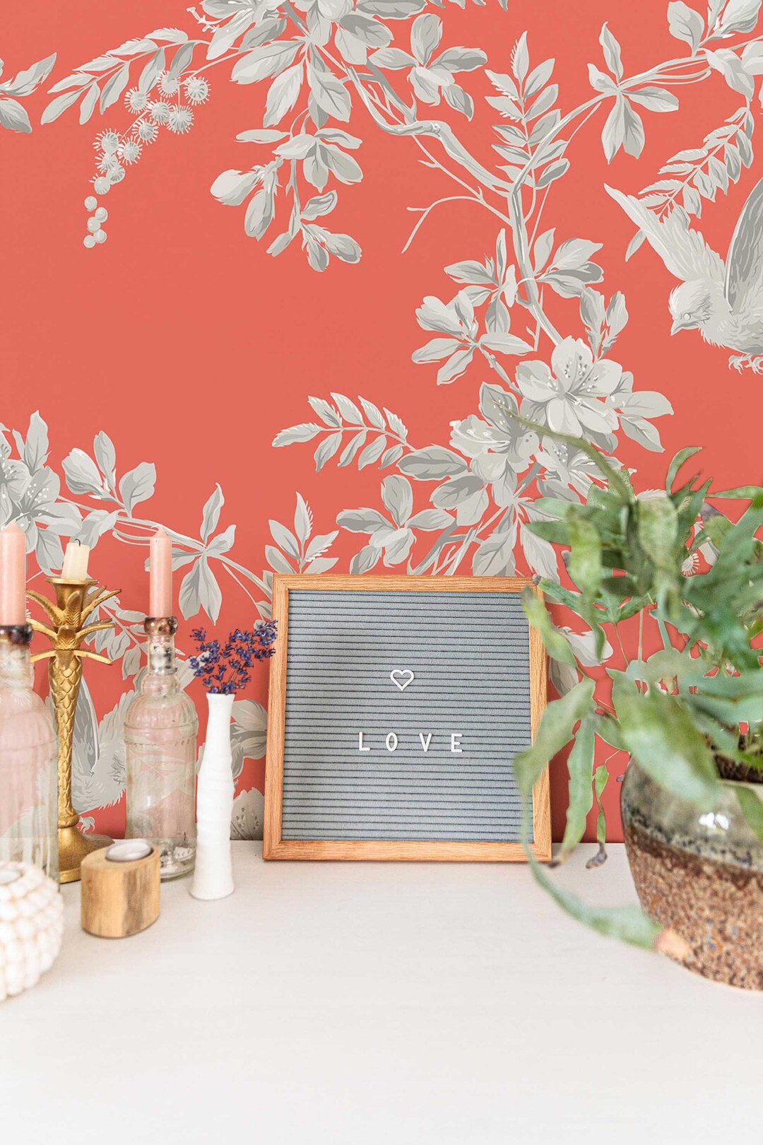 Red Bird Wallpaper Peel and Stick Wallpaper or Non Pasted Wallpaper / Floral Removable Wallpaper