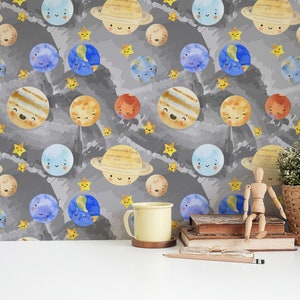 Black and yellow Solar system Peel and Stick wallpaper / Space Removable wallpaper / Black wallpaper - Self-adhesive or Traditional