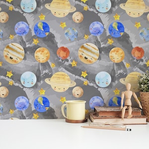 Black and yellow Solar system Peel and Stick wallpaper / Space Removable wallpaper / Black wallpaper - Self-adhesive or Traditional