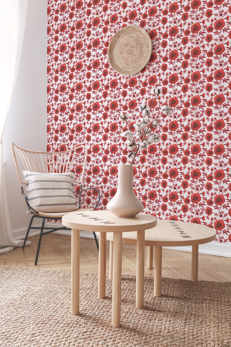 Red Poppy Floral Peel and Stick Wallpaper / Flower Removable Wallpaper ...