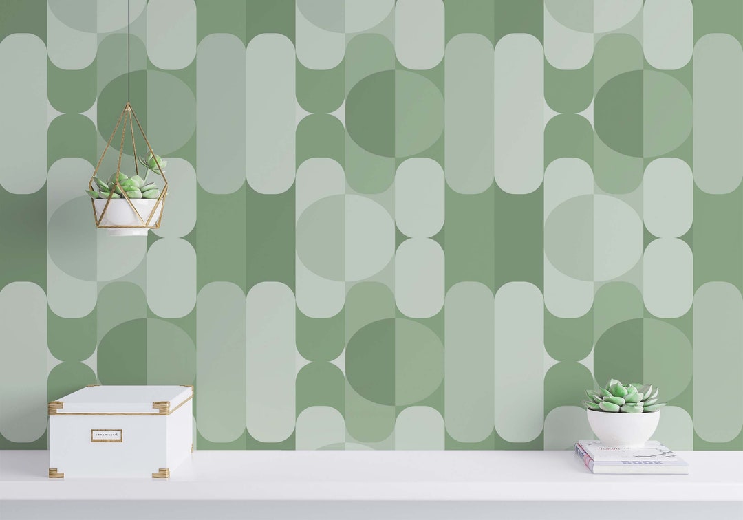 Sage Green Midcentury Peel and Stick Wallpaper / Geometric Removable