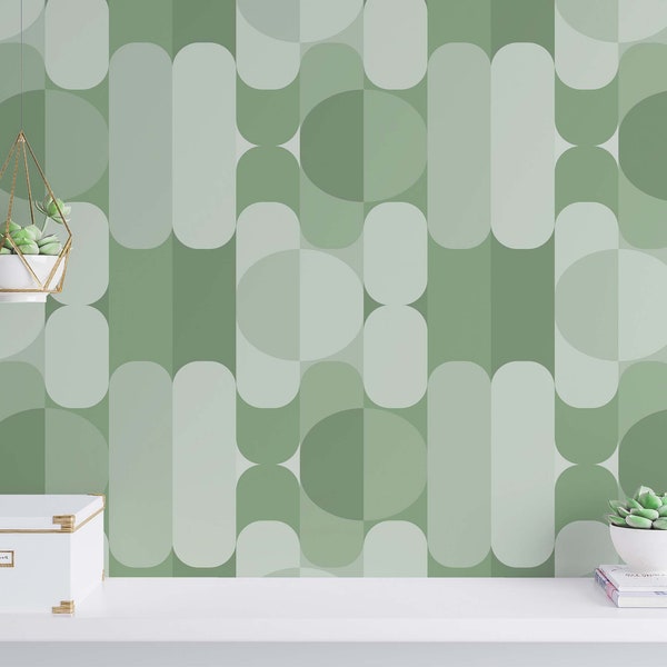 Sage Green Midcentury Peel and Stick wallpaper / Geometric Removable wallpaper / Sage Green wallpaper - Self-adhesive or Traditional