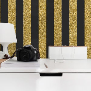 Glitter striped Peel and Stick wallpaper / New Year Removable wallpaper / Black and gold color wallpaper - Self-adhesive or Traditional
