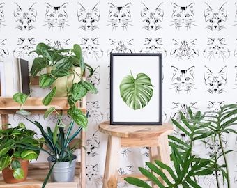 Black and white Cat Peel and Stick wallpaper / Faces Removable wallpaper / Black and white wallpaper - Self-adhesive or Traditional