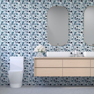 Blue bathroom peel and stick wallpaper / Floral removable wallpaper / Blue wallpaper - Self-adhesive or Traditional