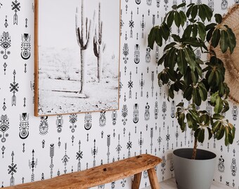 Black and White Arrow Wallpaper: Boho Symbol Pattern (Non-Pasted, Pre-Pasted, Peel and Stick, Custom Colors & Sizes)