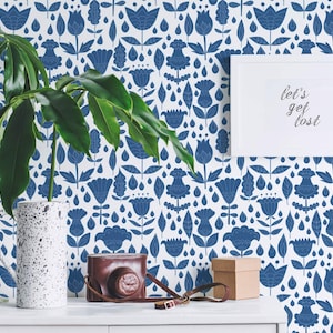 Boho Floral blue Removable wallpaper / Boho Peel and Stick wallpaper / Blue and White Scandinavian wallpaper - Self-adhesive or Traditional