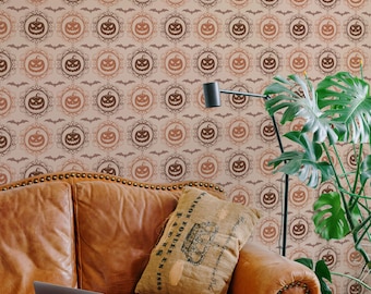 Beige Pumpkin Lantern Wallpaper: Vintage Halloween Pattern (Non-Pasted, Pre-Pasted, Peel and Stick, Custom Sizes)