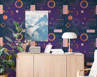 Navy Blue Geometric Shapes Wallpaper: Graphic Science Pattern (Non-Pasted, Pre-Pasted, Peel and Stick, Custom Sizes)